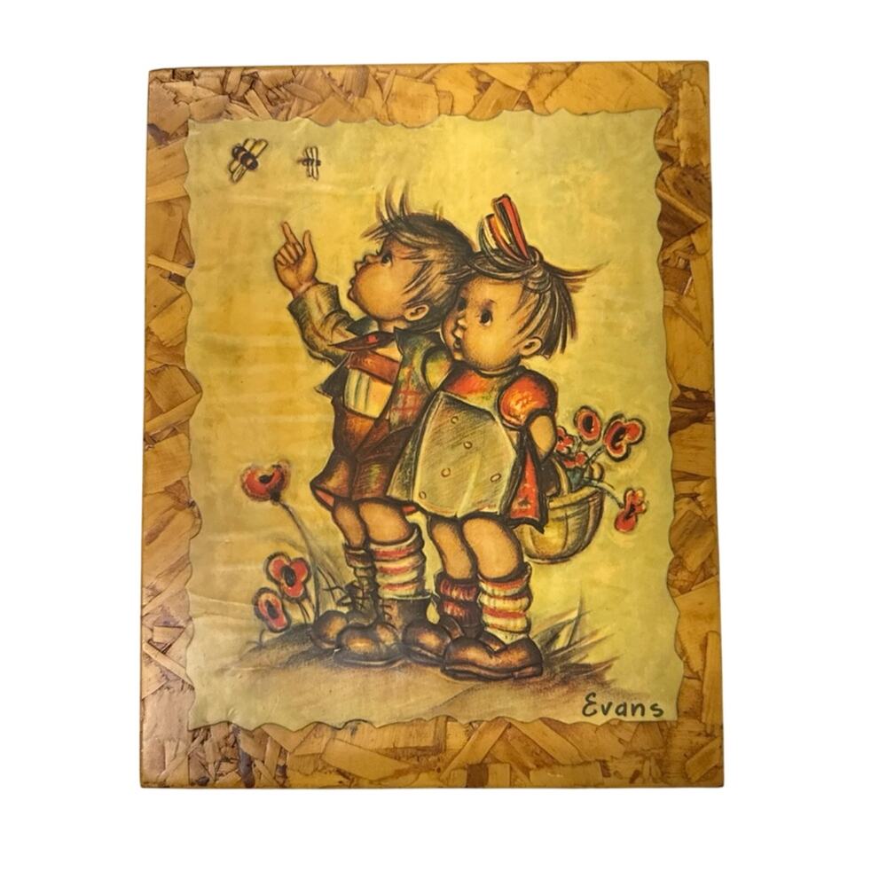Vintage Wood Plaque Hummel Kids Playing Outside Yellow
